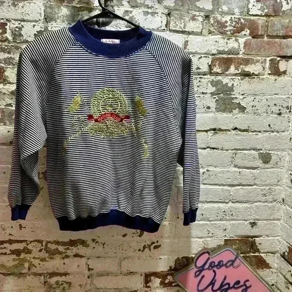 VINTAGE 1980s Womens Blue and White Striped Marina Club Sweatshirt - Picture 5 of 5